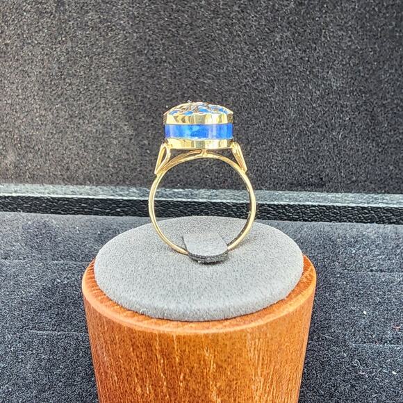 Estate 14k YG Lapis Lazuli Cabochon Pear Cut Inlaid Tiger Bamboo Ring - Picture 5 of 10